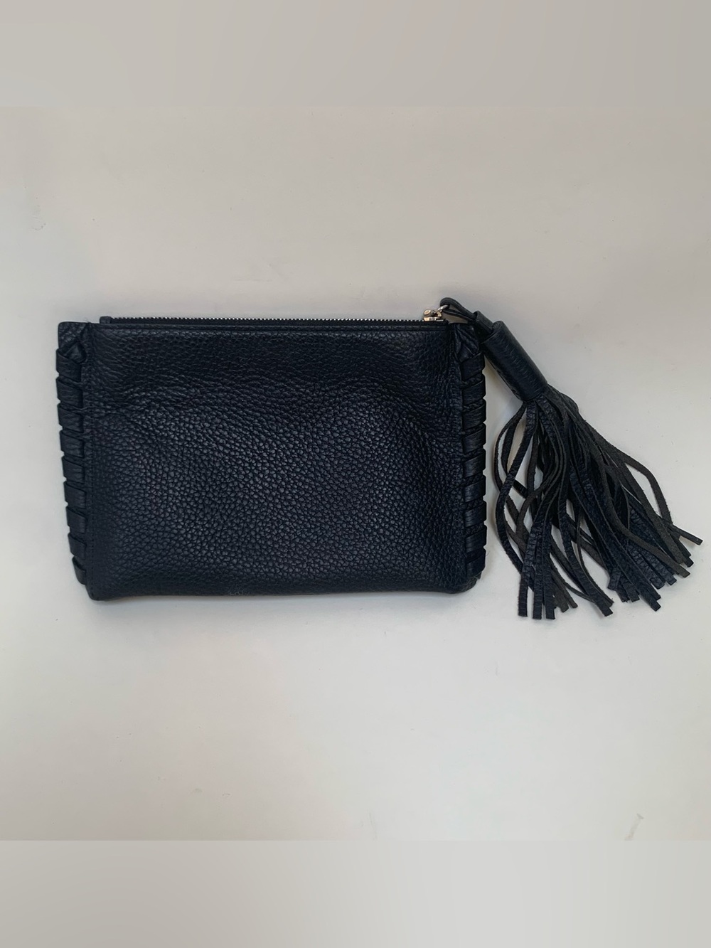 All Saints Black Leather Tassel Zip Clutch Wristlet Pebbled - Picture 2 of 7
